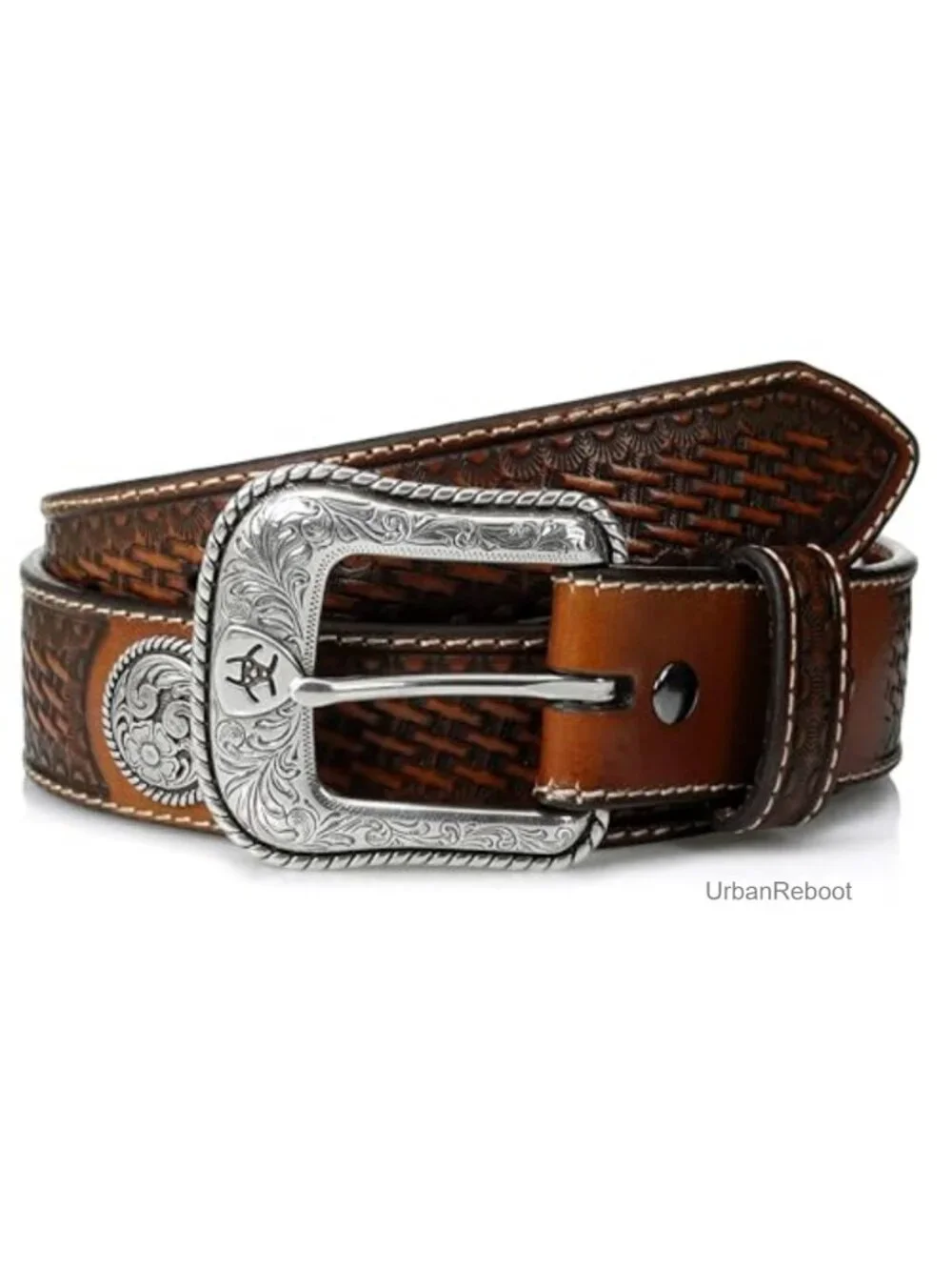Western Leather Belt with Removable Silver Buckle and Floral Conchos